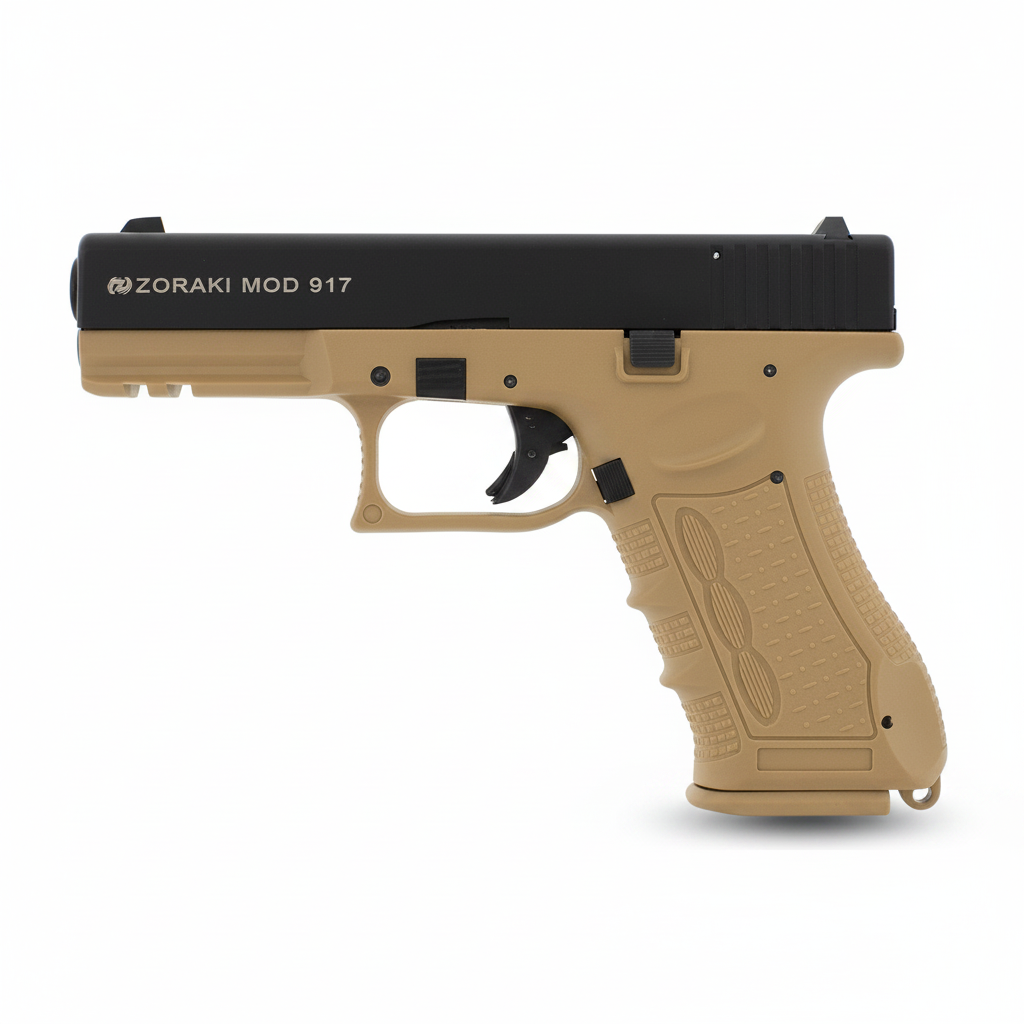id-paintball Zoraki 917 Desert Gas- und Signalpistole in Tan mit schwarzem Schlitten und Polymer-Griffstück