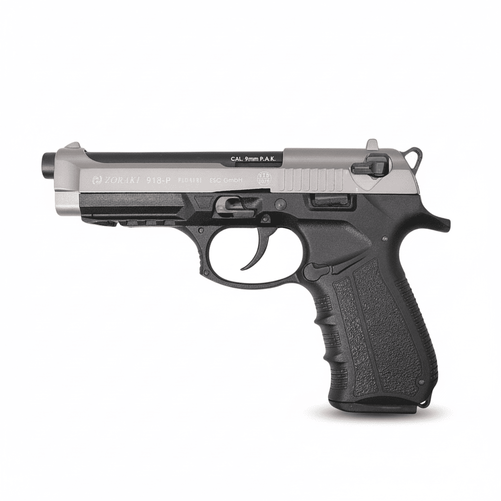 id-paintball Zoraki 918 Schreckschusspistole in Titan und Schwarz mit 9mm PAK Kaliber und ergonomischem Griff