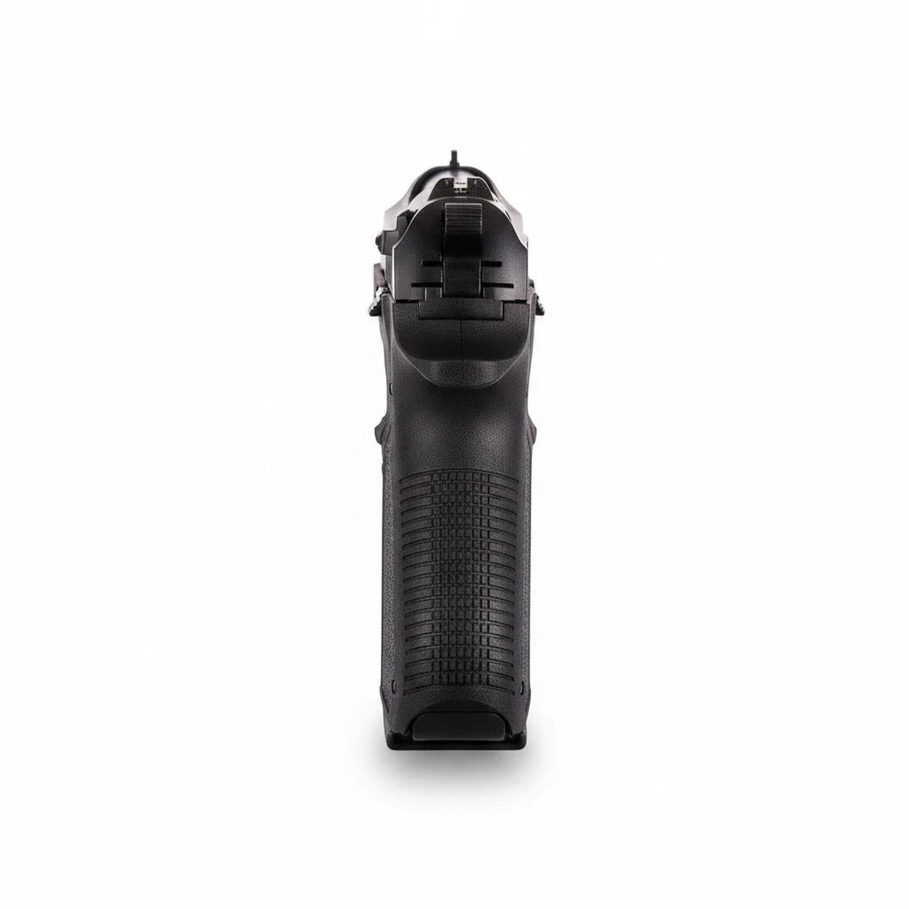 id-paintball Zoraki 918 Schreckschusspistole in Schwarz, Ansicht von hinten auf das ergonomische Griffstück