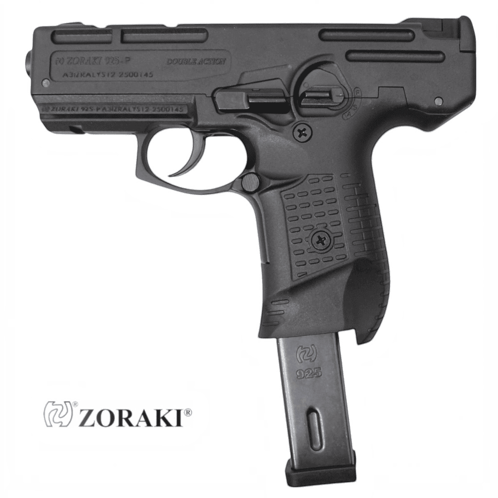 id-paintball Zoraki 925 Schreckschusspistole in Schwarz mit eingesetztem Magazin und Double-Action-Abzug
