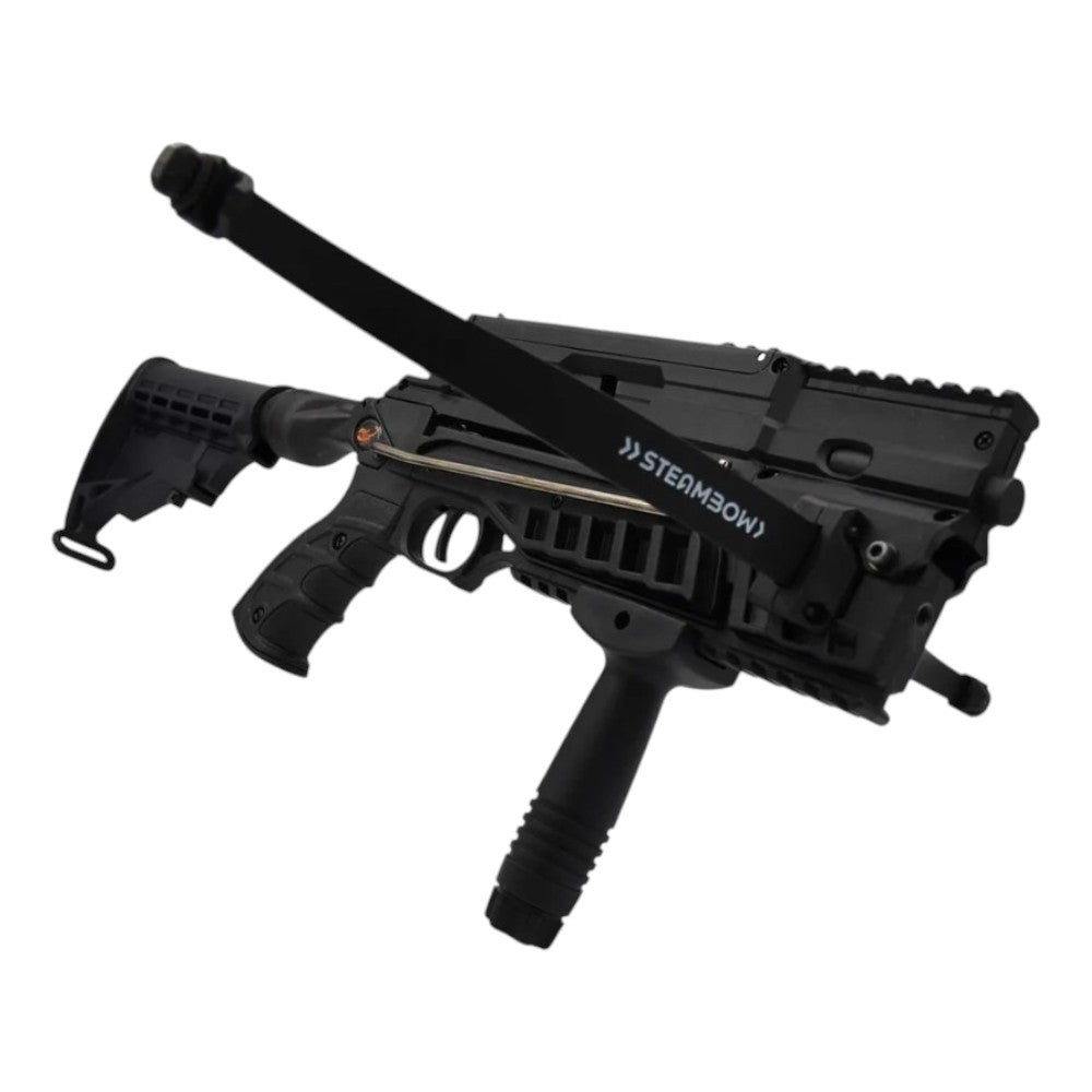 Schwarze Steambow AR-6 Stinger II Tactical Repetierarmbrust aus Polymer mit verstellbarem Schaft und Vordergriff