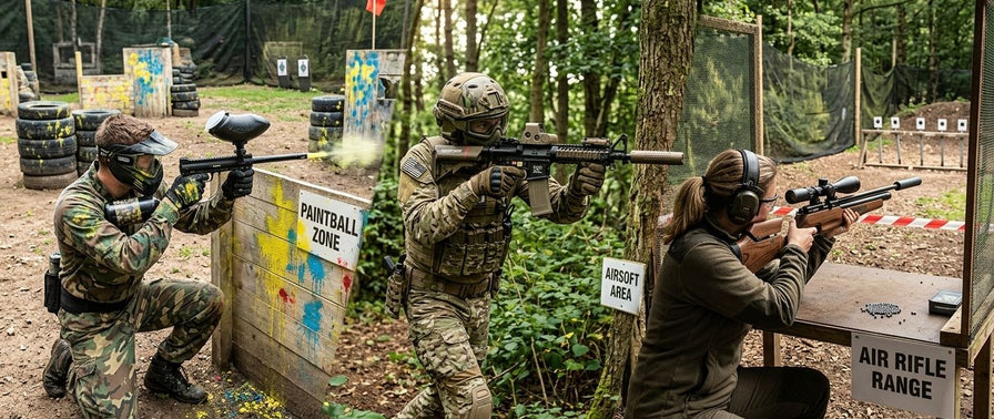 Paintball und Airsoft im Woodland-Spielfeld mit Spielern, Markierern, Schutzkleidung und verschiedenen Spielbereichen.