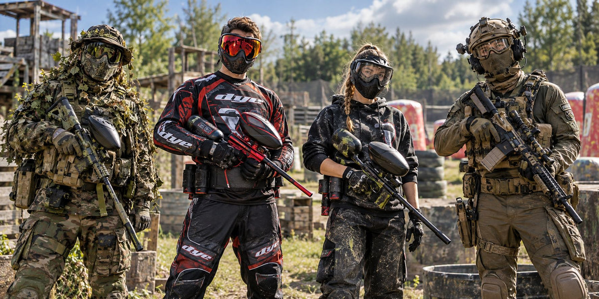 Vier Paintballspieler mit unterschiedlicher Ausrüstung auf einem Woodland-Spielfeld.