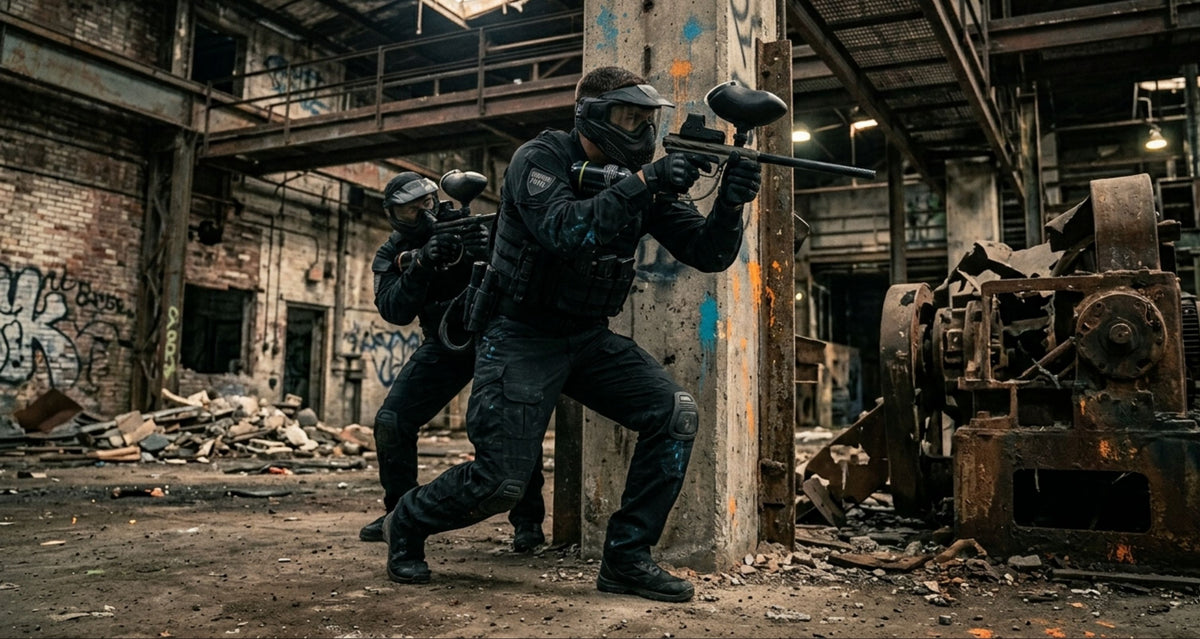 Paintballspieler mit Markierer und taktischer Ausrüstung beim Woodland Paintball im Wald.