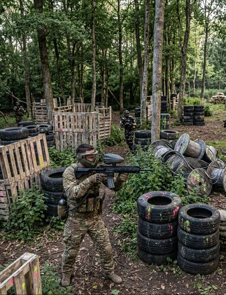 Paintballspieler mit Markierer auf einem Woodland-Spielfeld mit Paletten, Reifen und weiteren Deckungen.