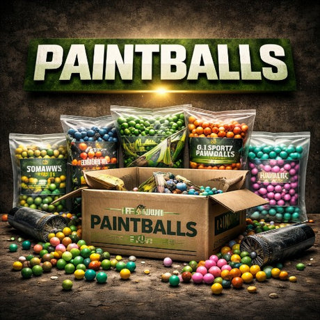 Verschiedene Paintballs in mehreren Farben und Verpackungen für den Paintballsport.