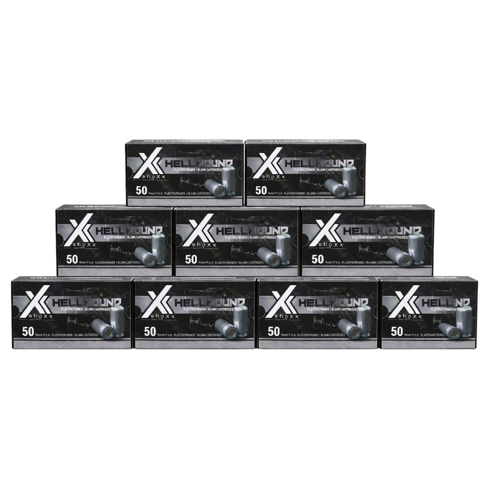 Zehn Packungen shoXx Hellhound 9mm P.A.K. Platzpatronen nebeneinander auf weißem Hintergrund für den Onlineshop