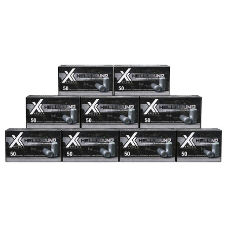 Zehn Packungen shoXx Hellhound 9mm P.A.K. Platzpatronen nebeneinander auf weißem Hintergrund für den Onlineshop