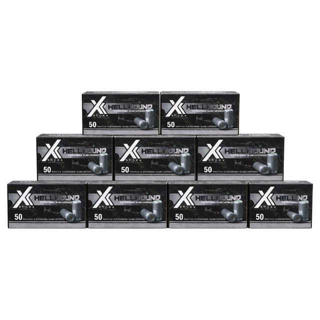 Zehn Packungen shoXx Hellhound 9mm P.A.K. Platzpatronen nebeneinander auf weißem Hintergrund für den Onlineshop