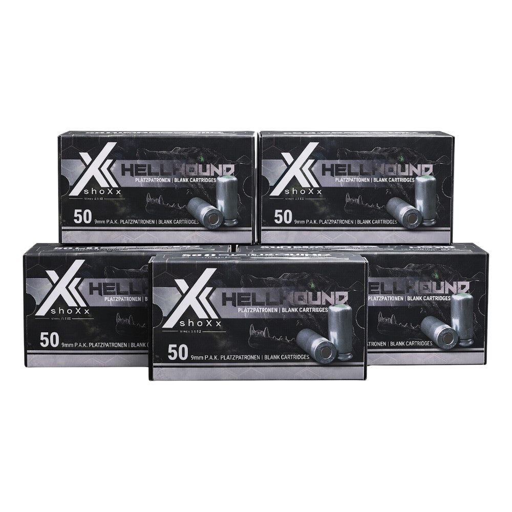 Fünf Packungen shoXx Hellhound 9mm P.A.K. Platzpatronen nebeneinander auf weißem Hintergrund für den Onlineshop