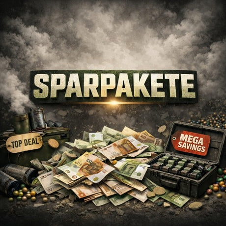 Grafik mit dem Schriftzug „Sparpakete“ und verschiedenen Paintball-Produkten, Geldscheinen und Münzen.