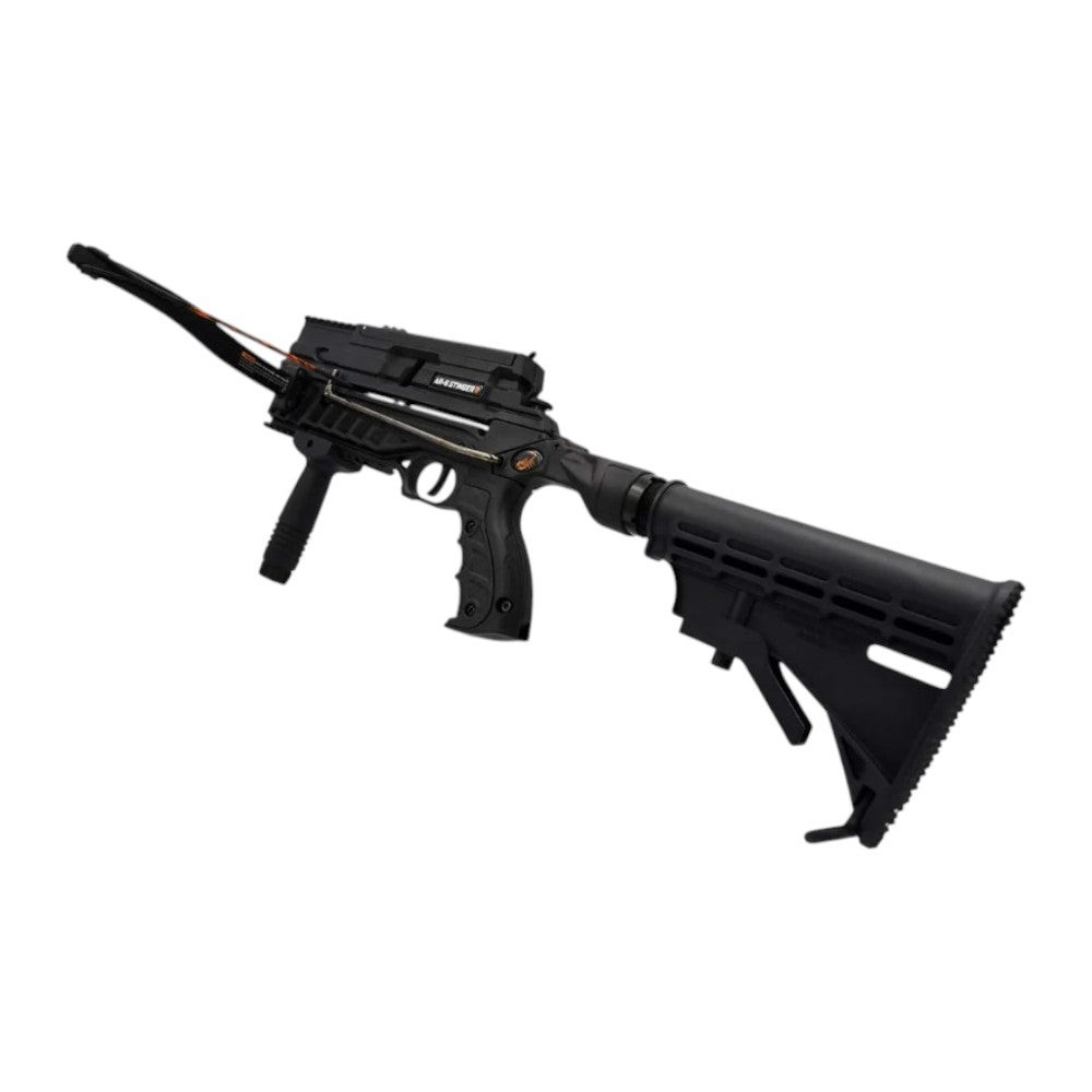 Schwarze Steambow AR-6 Stinger II Tactical Repetierarmbrust aus Polymer mit verstellbarem Schaft und Vordergriff