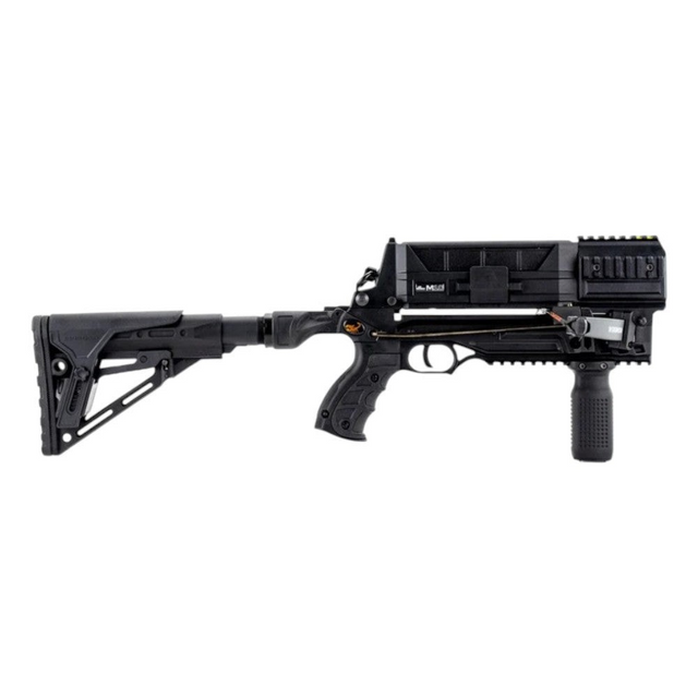 Schwarze Steambow M10 Tactical Armbrust aus Polymer mit Schnellwechsel-Wurfarm und verstellbarem Hinterschaft