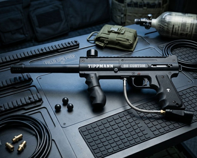 Tippmann 98 Custom Paintball-Markierer mit HPA-System und Zubehör auf einer Arbeitsfläche.