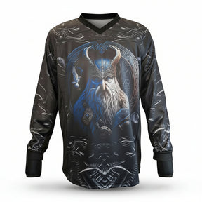Custom Wiking Jersey in Grau, Blau und Weiß mit gepolsterten Bereichen und integrierten Handschlaufen.
